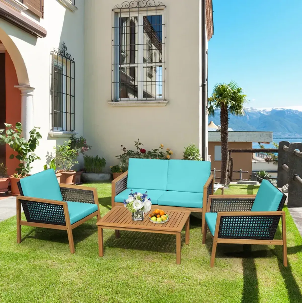 4 Pieces Patio Rattan Furniture Set with Removable Cushions