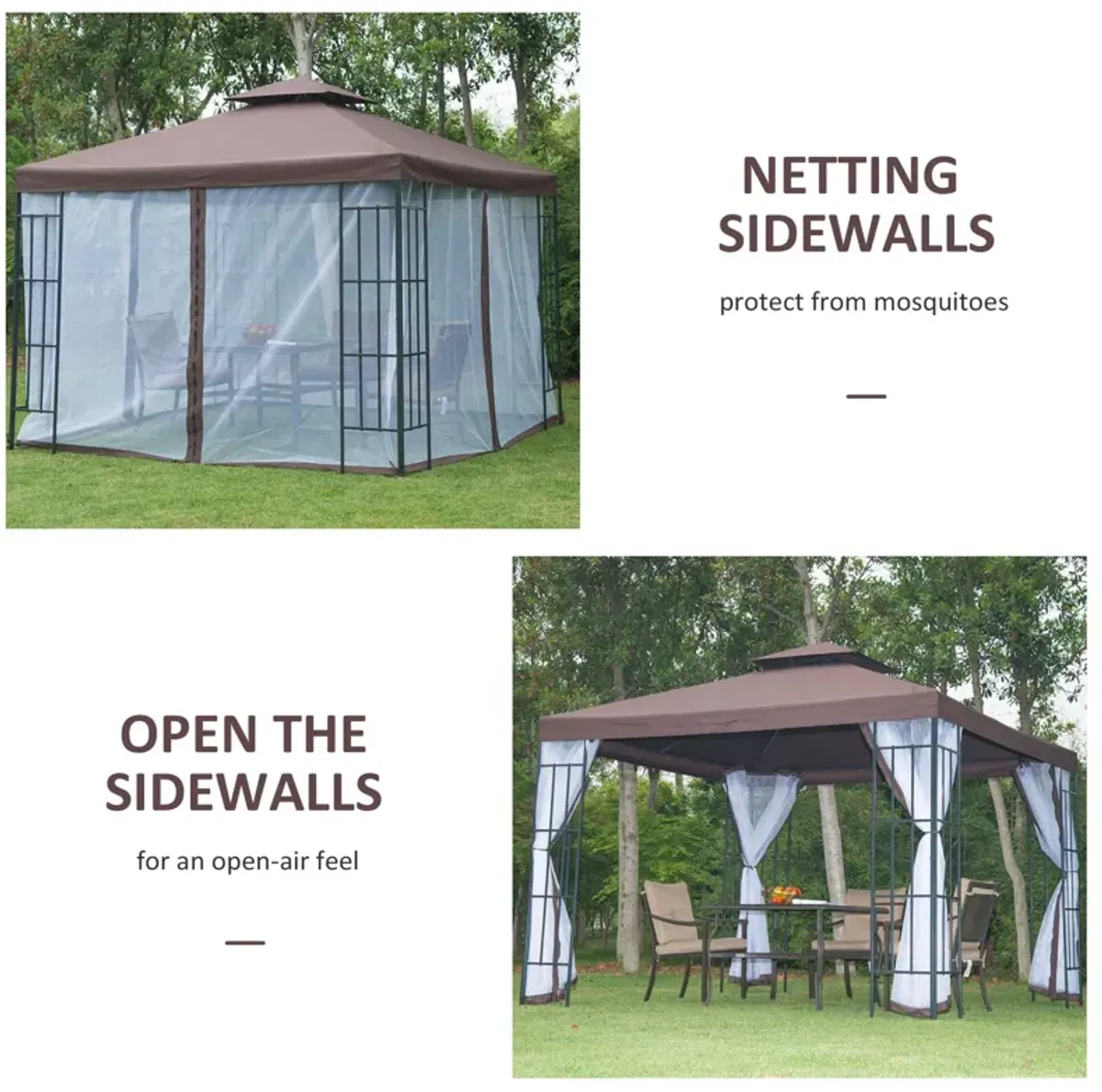 Coffee Outdoor Haven: 10x10 Gazebo with Double Roof and Netting