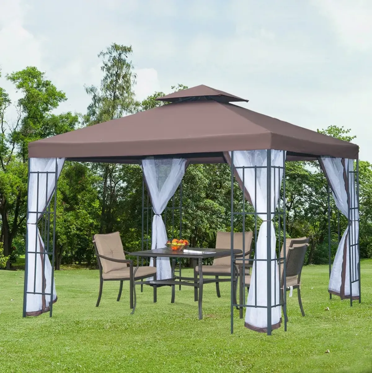 Coffee Outdoor Haven: 10x10 Gazebo with Double Roof and Netting