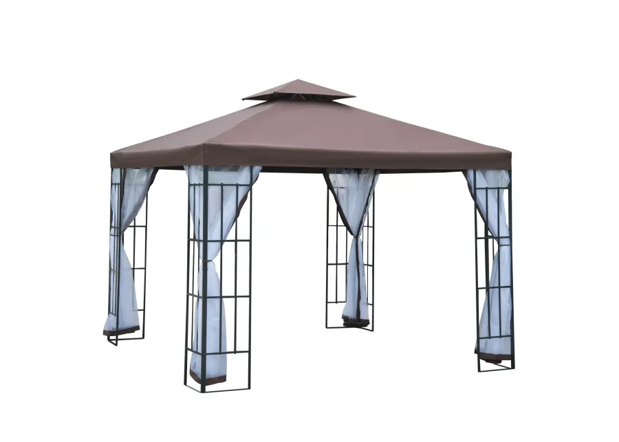 Coffee Outdoor Haven: 10x10 Gazebo with Double Roof and Netting