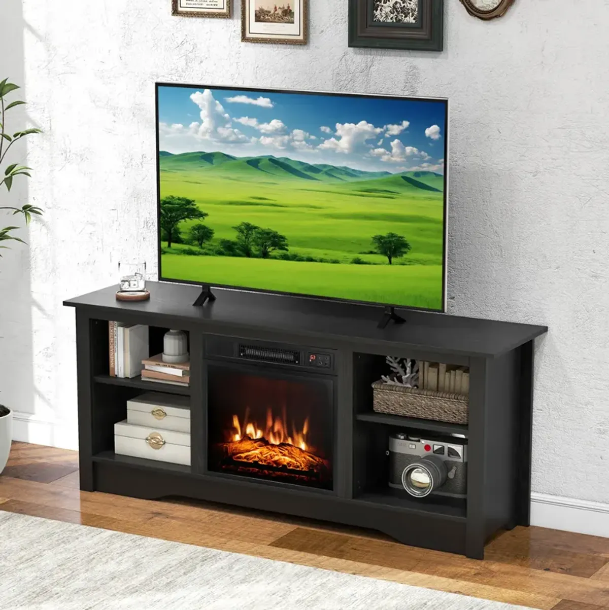 TV Stand for up to 65 Inch Flat Screen TVs with Adjustable Shelves for 18 Inch Electric Fireplace