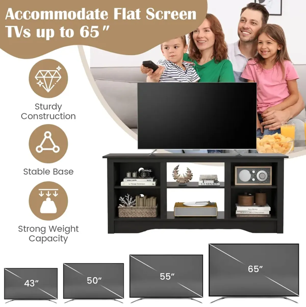 TV Stand for up to 65 Inch Flat Screen TVs with Adjustable Shelves for 18 Inch Electric Fireplace