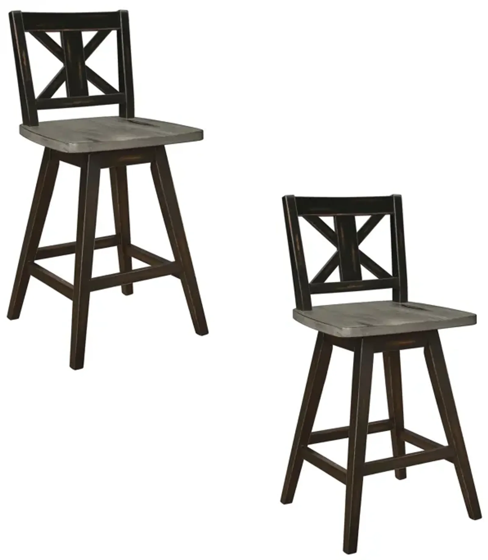 Farmhouse Swivel Counter Height Chair with X Shaped Back, Set of 2, Antique Gray, Black - Benzara