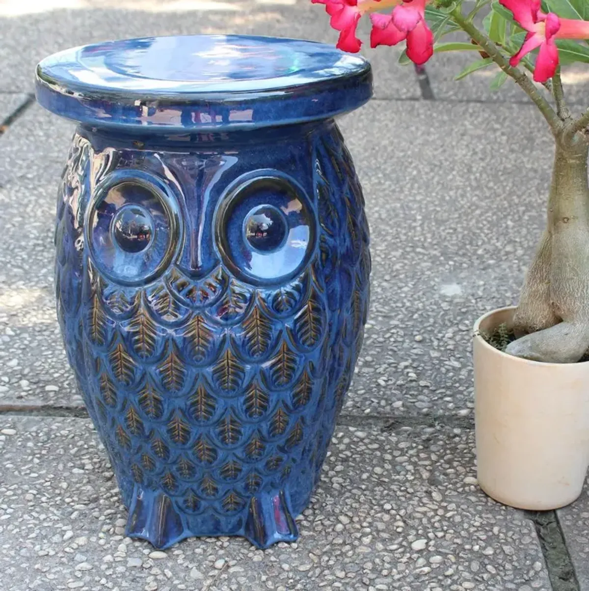 Navy Blue Wise Old Owl Ceramic Garden Stool