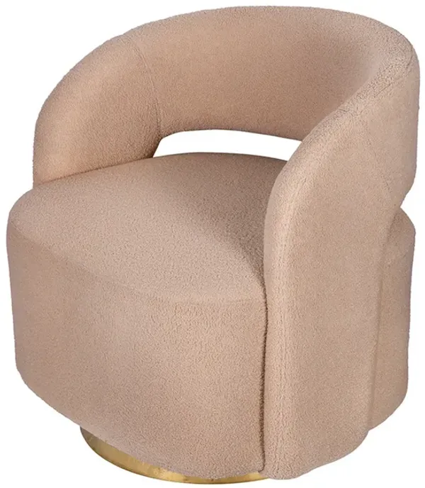 Xion 30 Inch Swivel Accent Chair, Brown Fabric Upholstery, Gold Iron Base