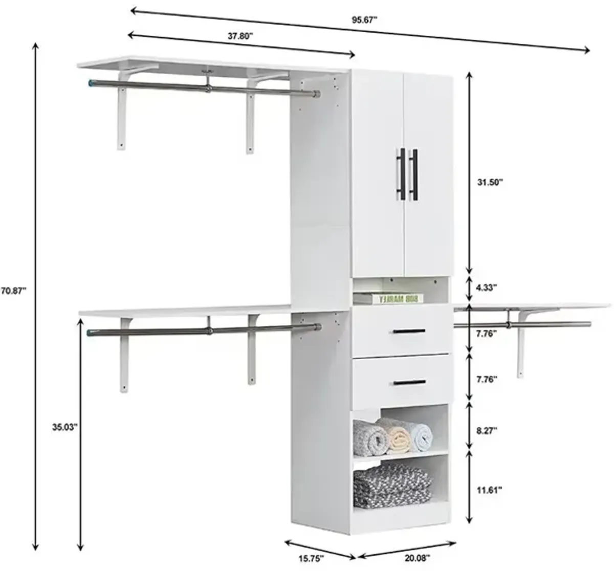 8ft Closet Organizers, Closet Storage system with 3 Shelf Towers, 2 Drawers, 2 Door White Free Standing Closet and Built in Closet Organizer Systems 95.6''Wx15.7''Dx70.8''H