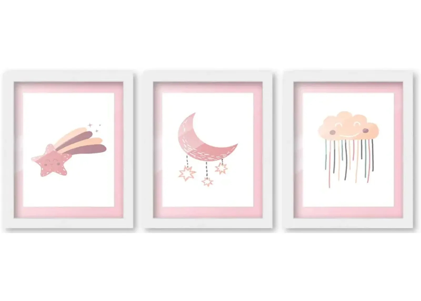 8x10 Framed Nursery Wall Art Set of 3 Boho Galaxy Prints in Pink with Soft Pink Mat in a 10x12 White Wood Frames