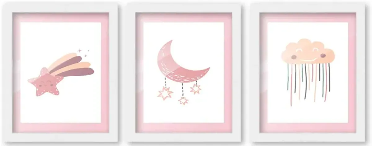 8x10 Framed Nursery Wall Art Set of 3 Boho Galaxy Prints in Pink with Soft Pink Mat in a 10x12 White Wood Frames