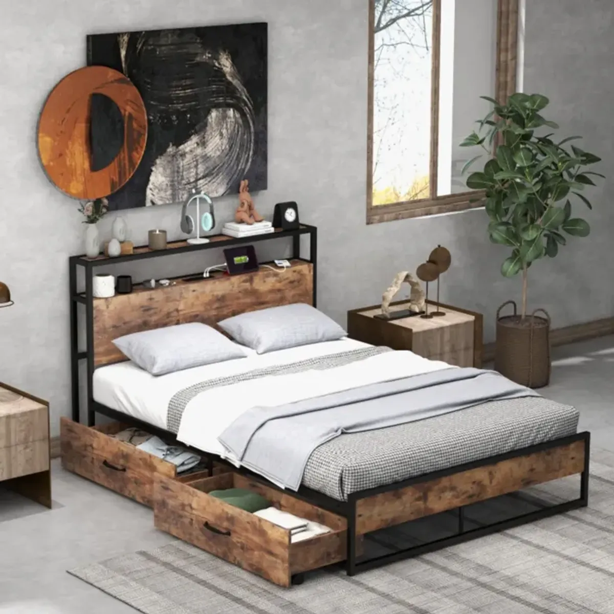 Hivvago Bed Frame with 2-Tier Storage Headboard and Charging Station