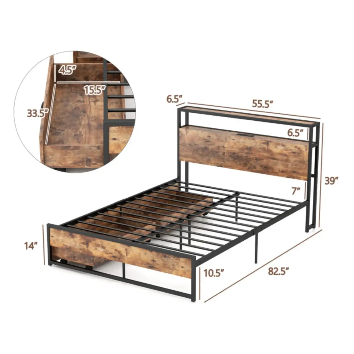 Hivvago Bed Frame with 2-Tier Storage Headboard and Charging Station