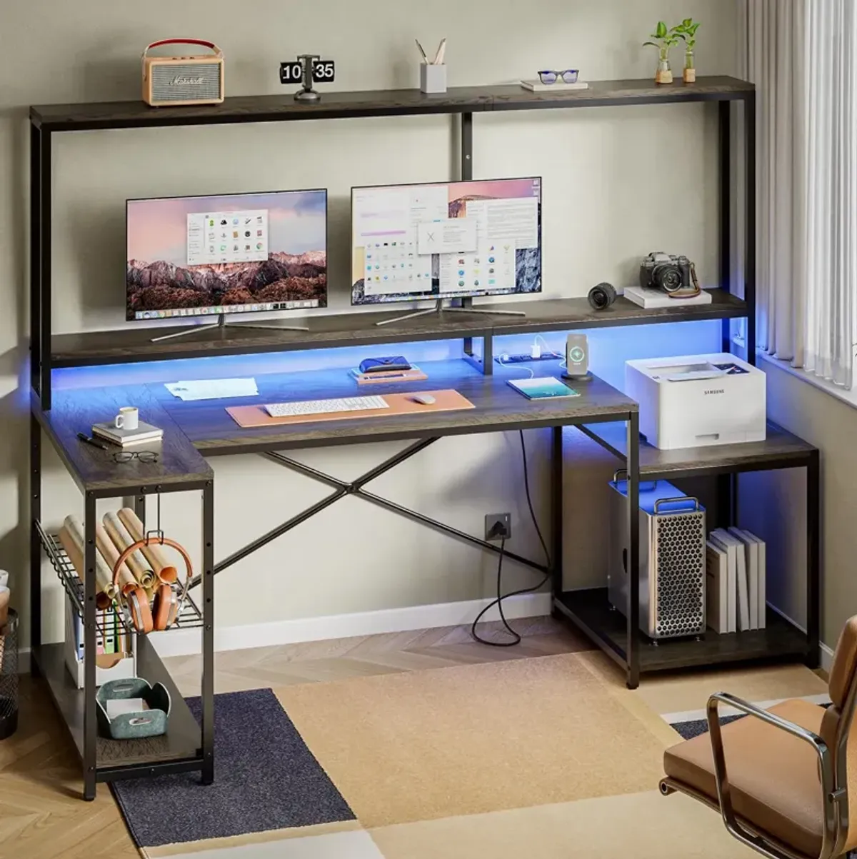 Bestier 71.5    Computer Desk, Gaming Desk with Long Monitor Stand and Hutch, Large L Shaped Corner Desk with Storage Shelf & Pr