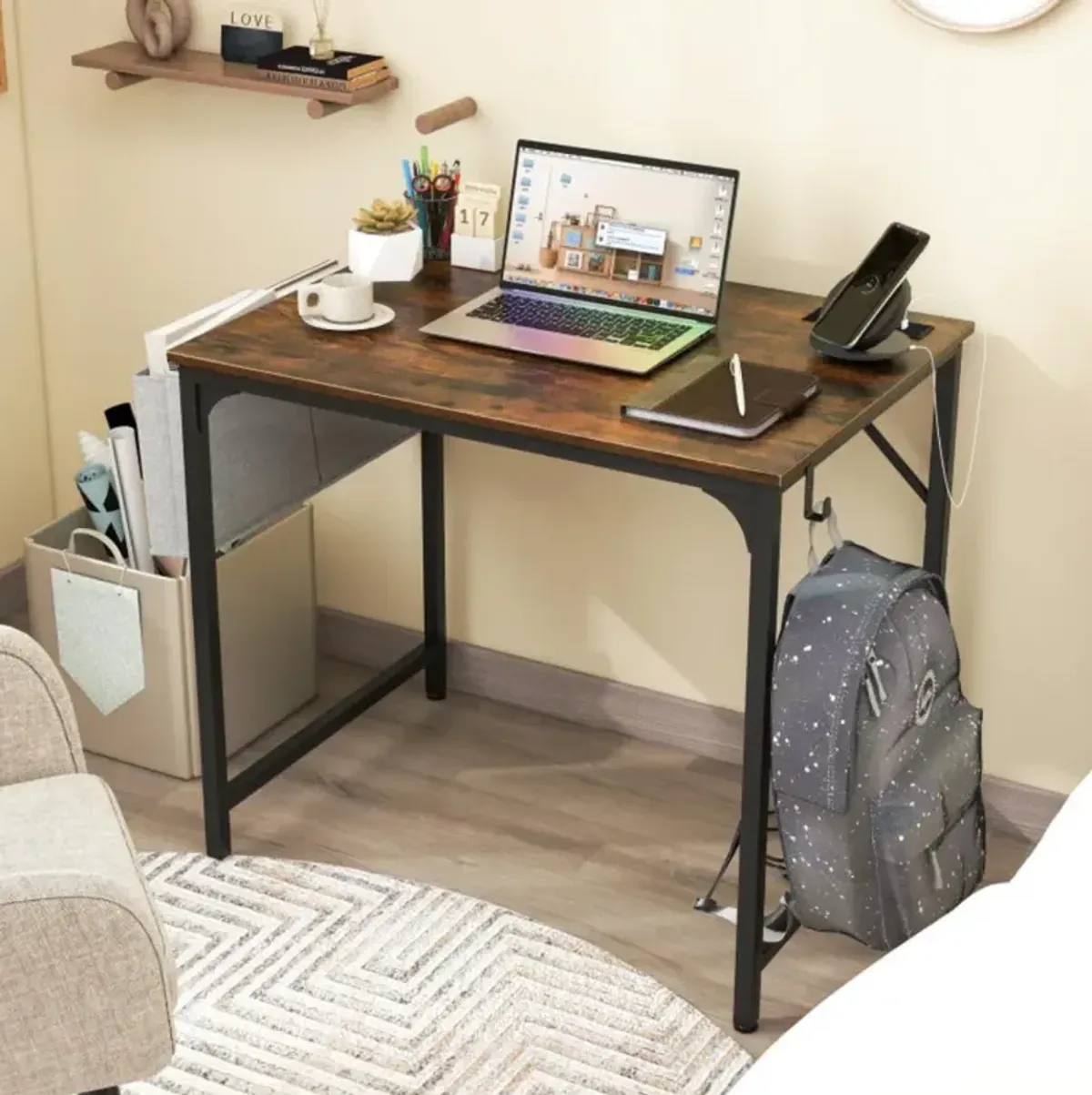 Hivvago 32 Inch Home Office Desk with Charging Station Storage Bag and Headphone Hook