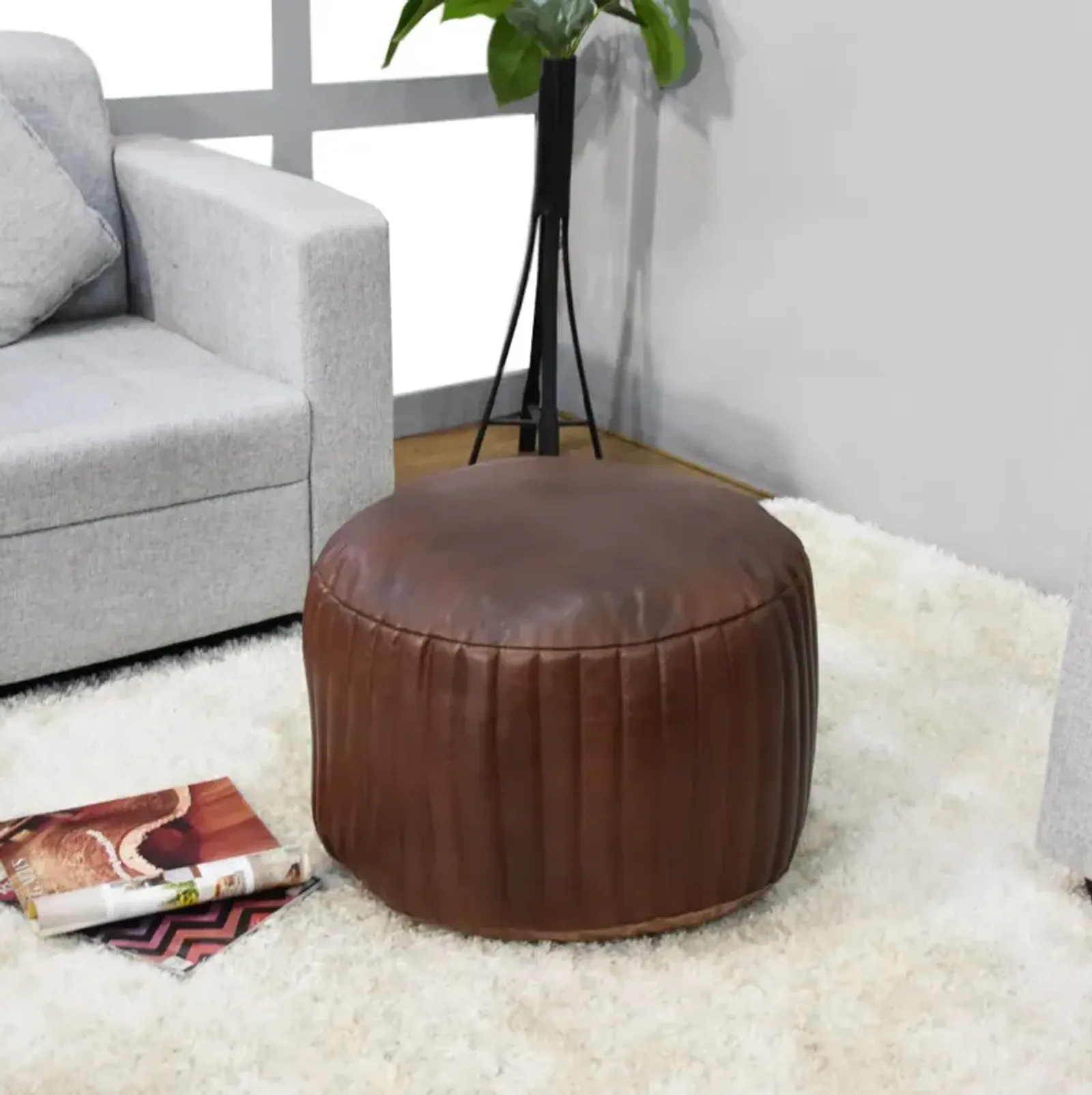 Solid Handmade Leather Square Pouf 21"x21"x12" (Recycled Foam with Fibre Fill) Beige Color BBBACPF08 BBH Homes