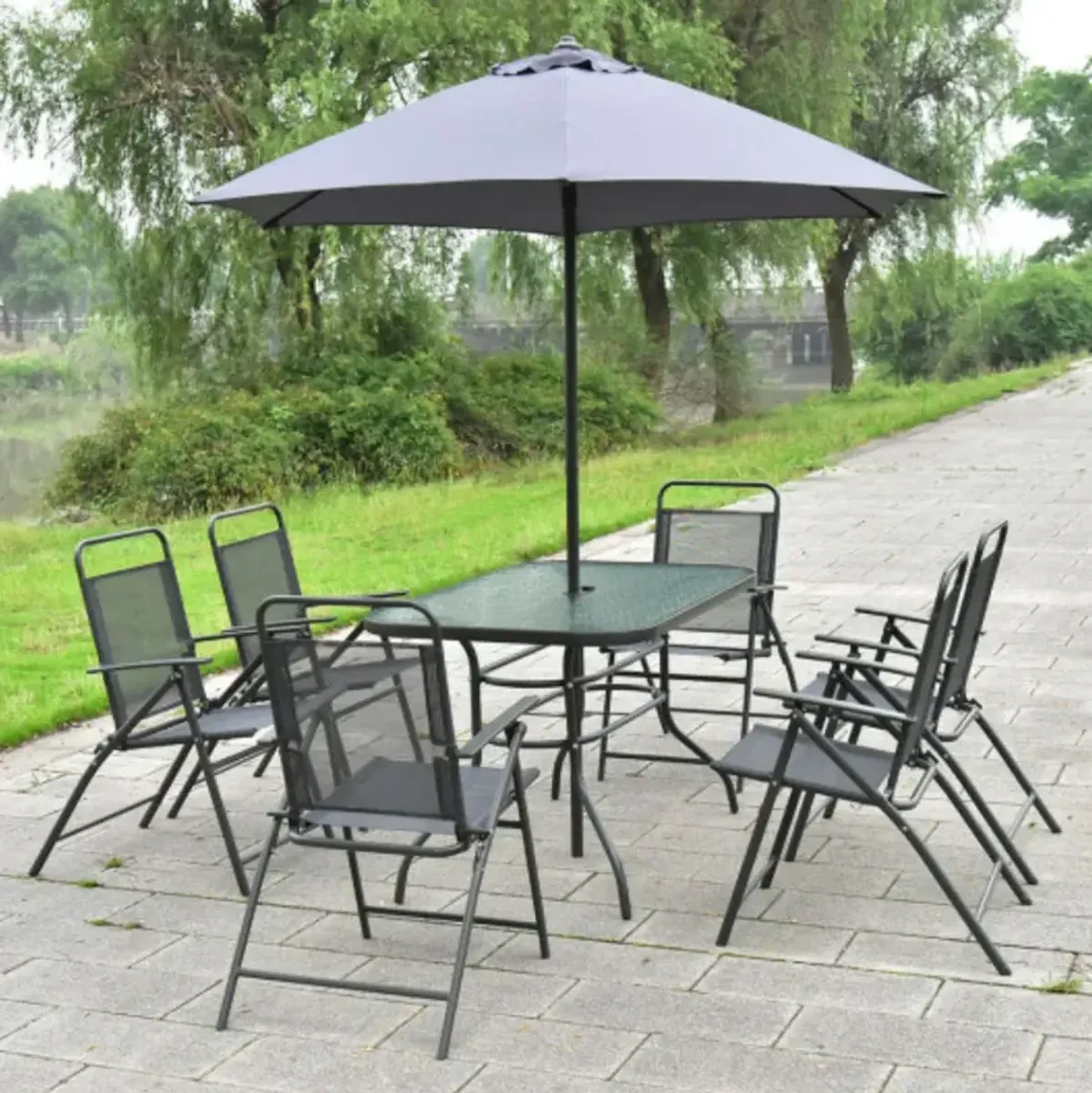 8 pcs Outdoor Patio Square Folding Furniture Set with Umbrella