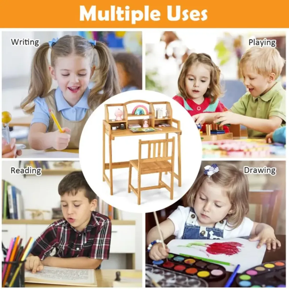 Hivvago Bamboo Kids Study Desk and Chair Set with Bookshelf