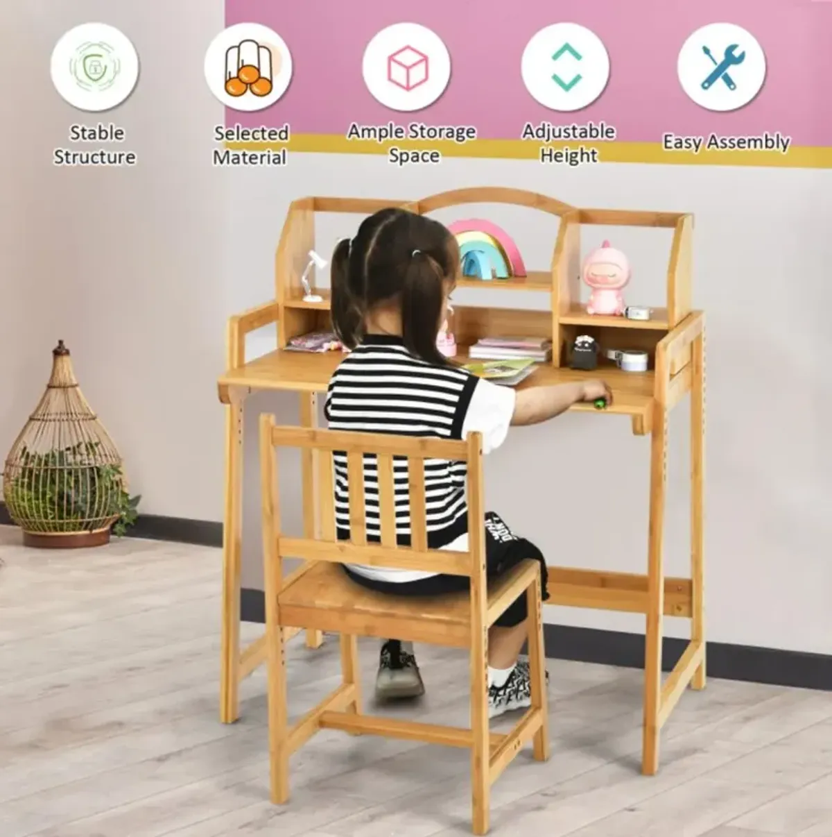 Hivvago Bamboo Kids Study Desk and Chair Set with Bookshelf