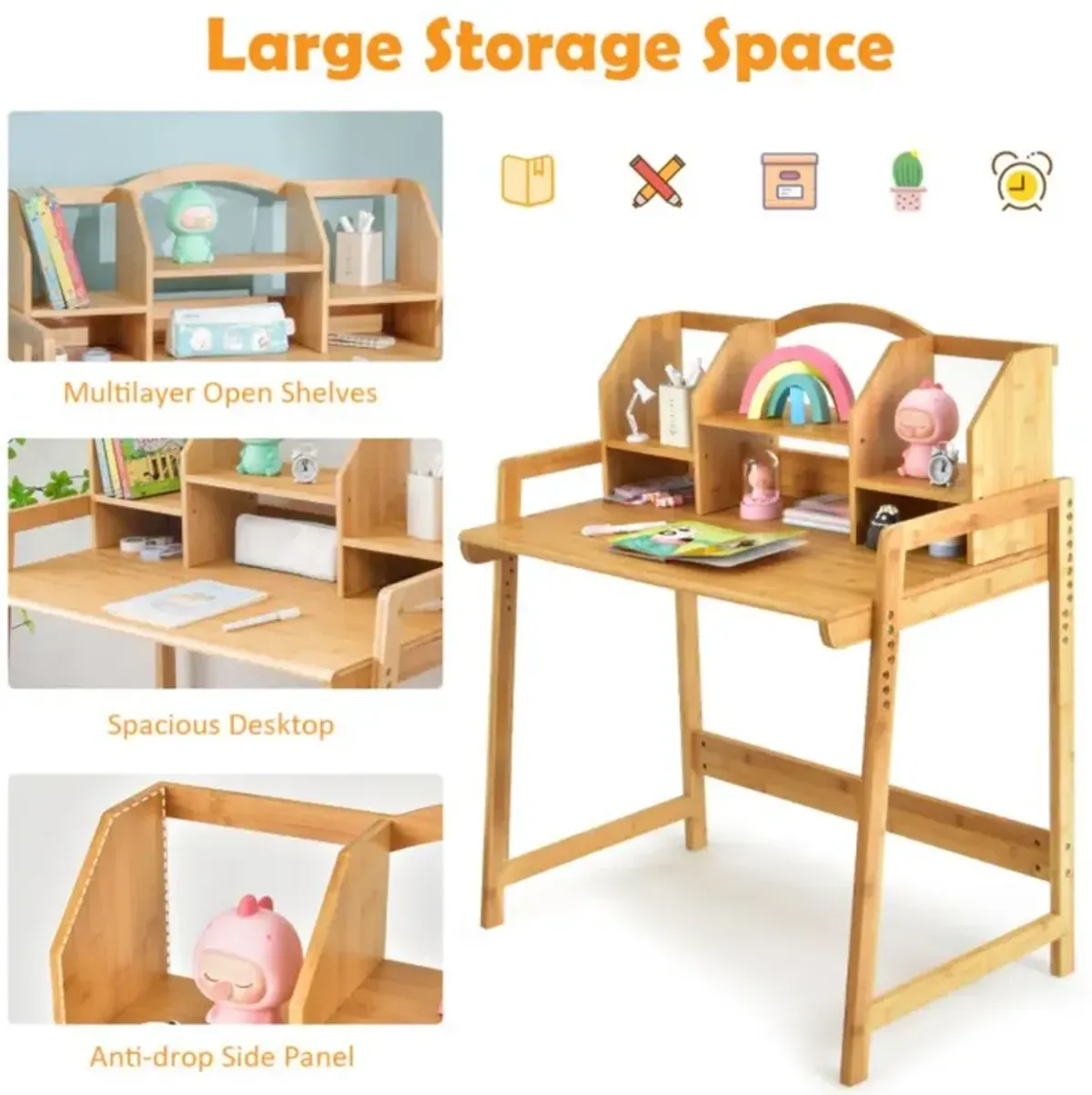 Hivvago Bamboo Kids Study Desk and Chair Set with Bookshelf