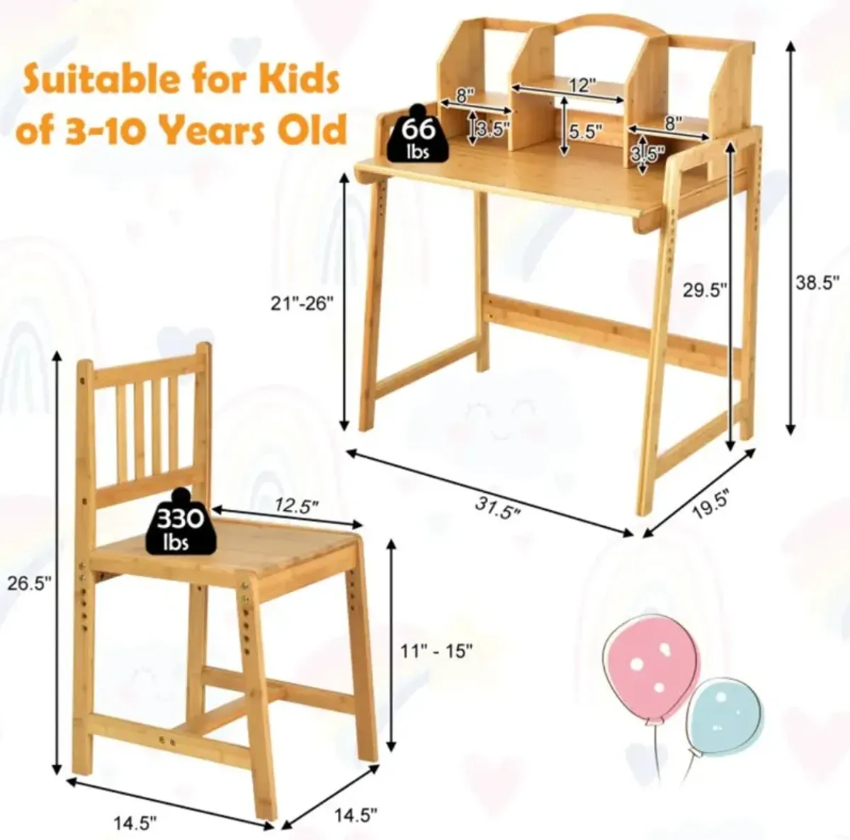 Hivvago Bamboo Kids Study Desk and Chair Set with Bookshelf