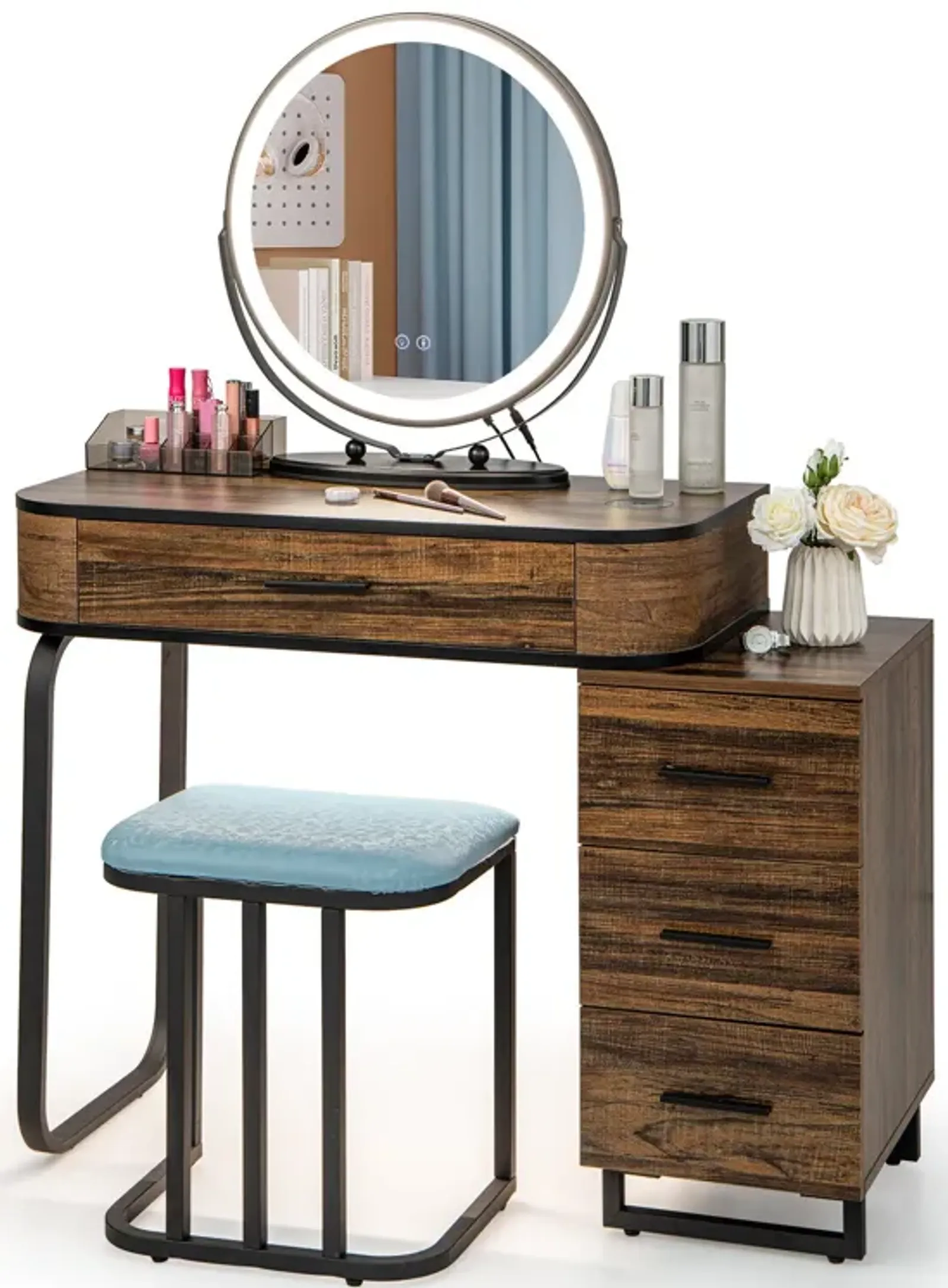 Vanity Table Set with 3-Color Lighted Mirror and Charging Station