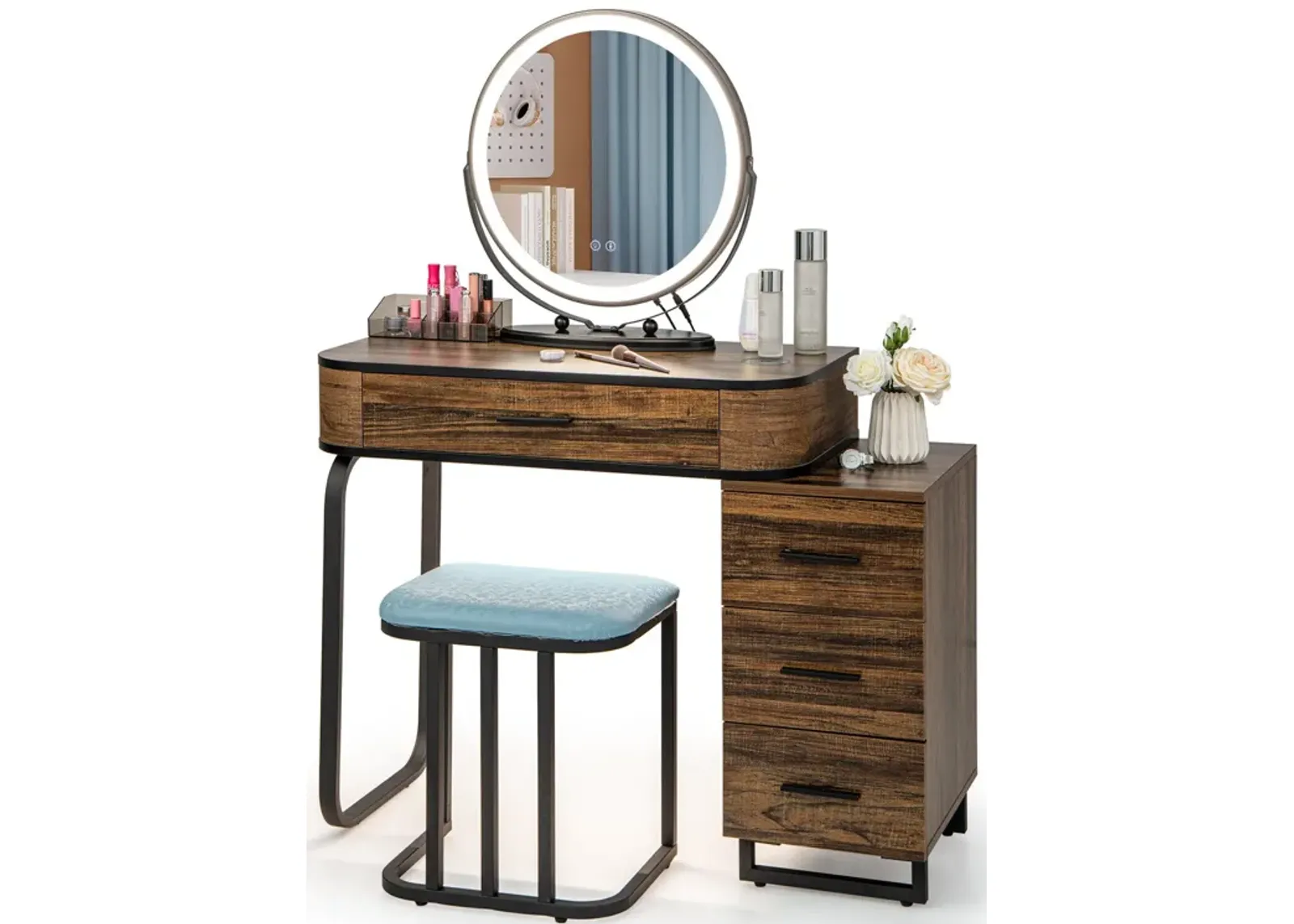 Vanity Table Set with 3-Color Lighted Mirror and Charging Station