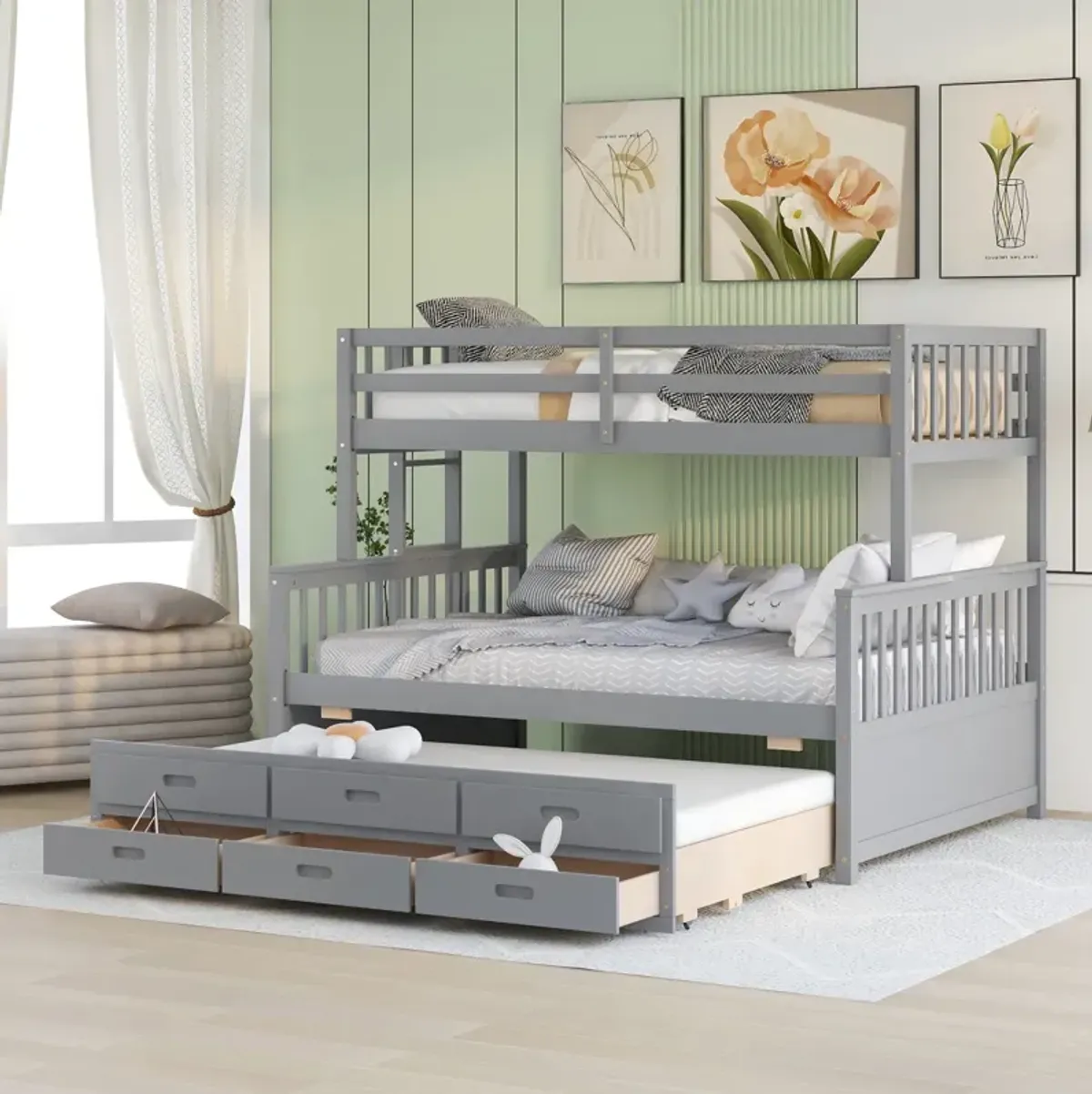 Twin-Over-Full Bunk Bed With Twin Size Trundle, Separable Bunk Bed With Drawers For Bedroom