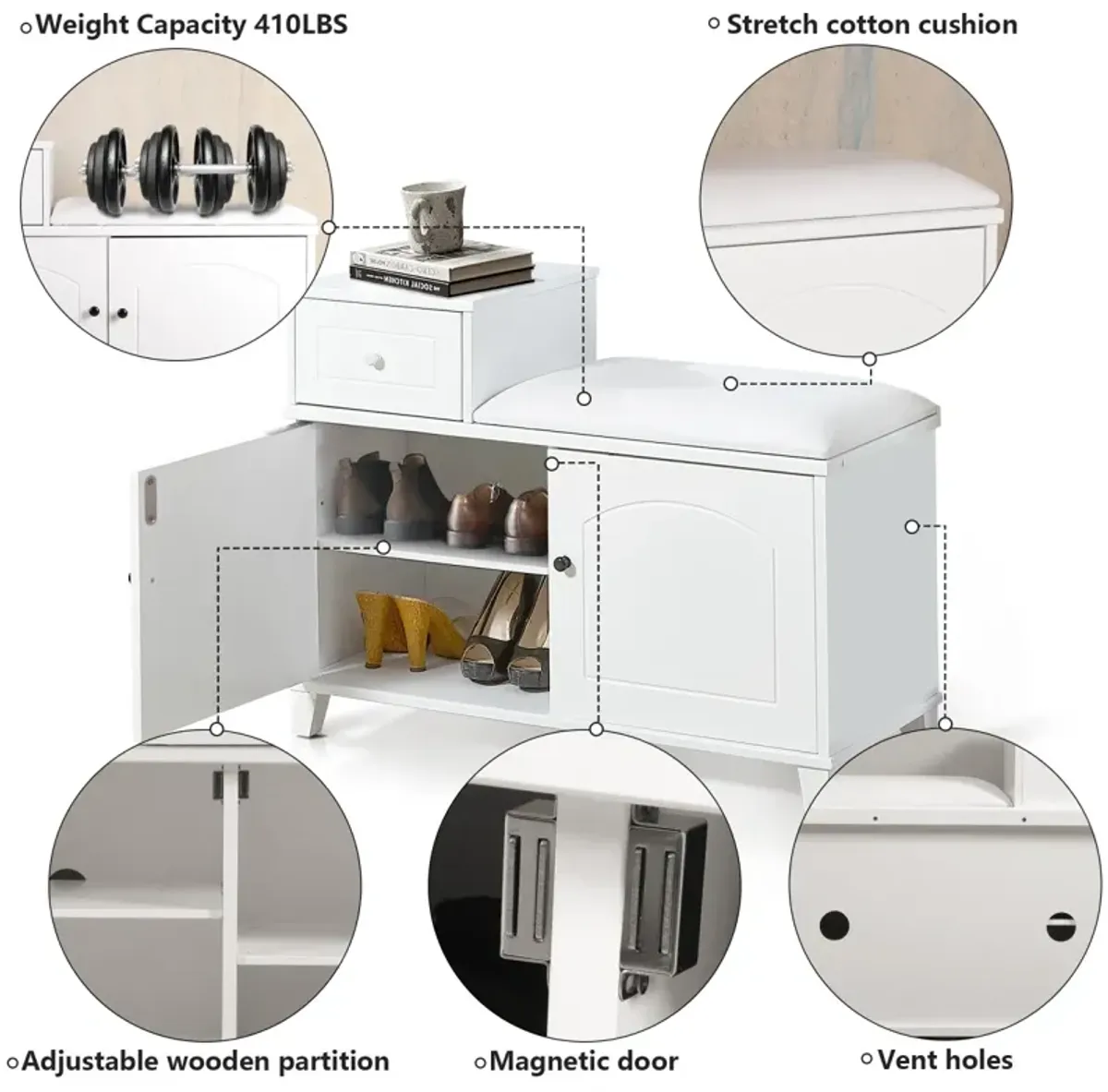 Fireproof Cushioned Shoe Storage Bench with Double Doors