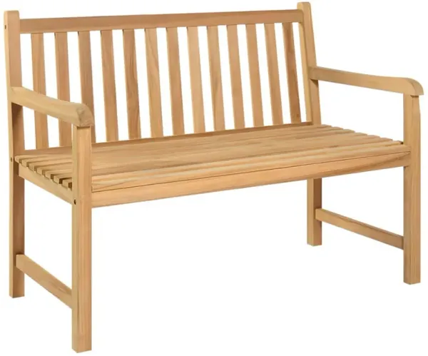 Outdoor Bench, Natural Brown Teak Wood Frame, Slatted Design, 45 Inch - Benzara