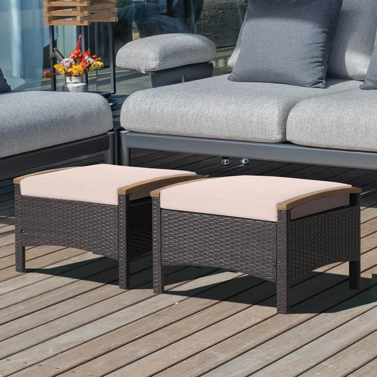 Set of 2 Fade-Resistant Wicker Patio Ottoman