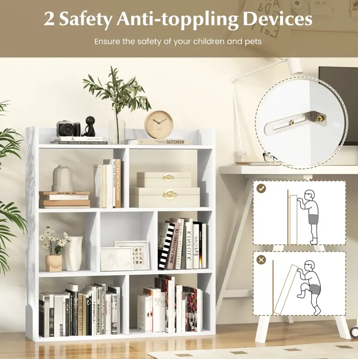 7 Cubes Open-back Bookshelf with Anti-Toppling Devices