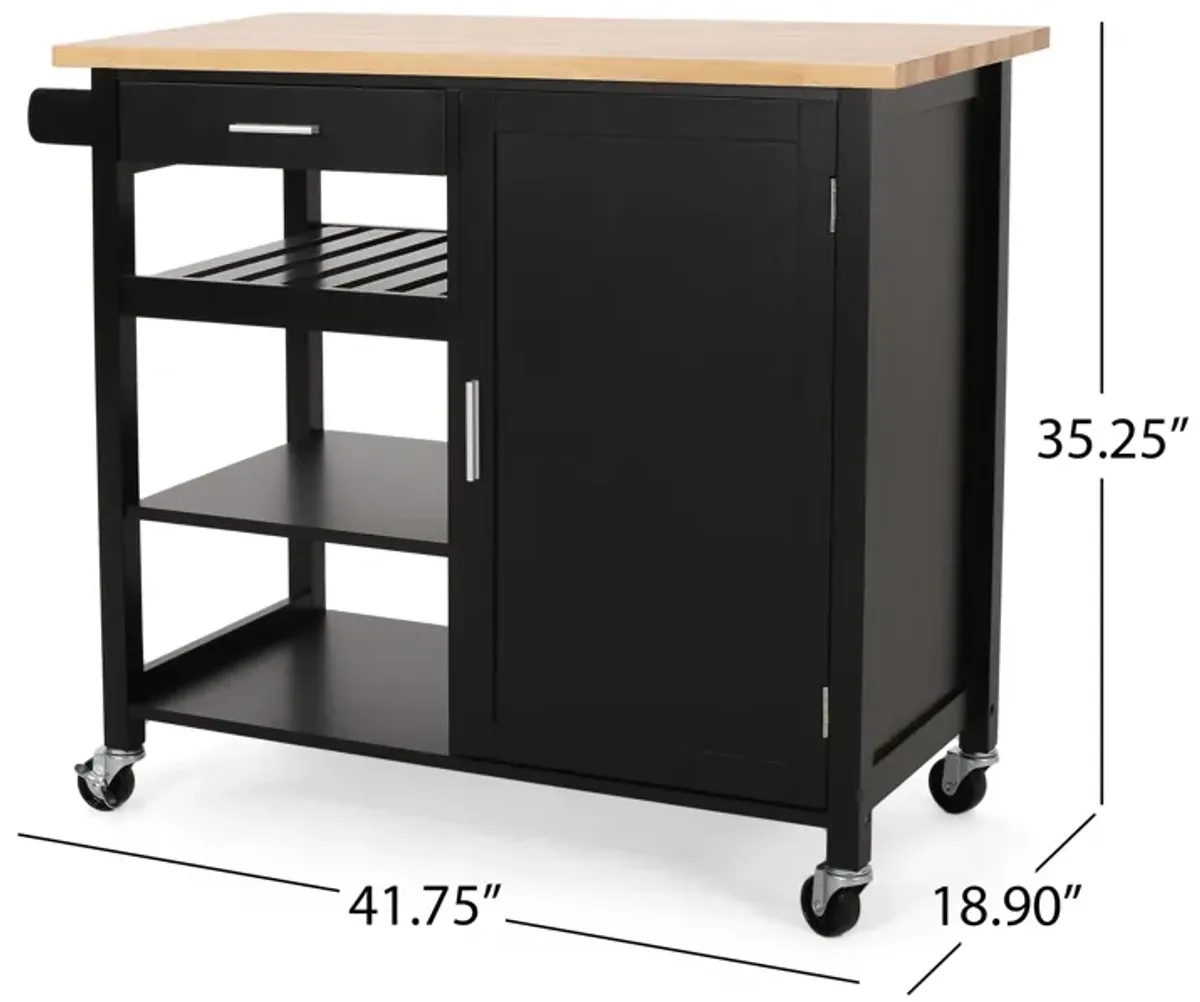 Rolling Kitchen Bar Cart, 3 Shelves, Cabinet, 42 Inch Black and Brown - Benzara