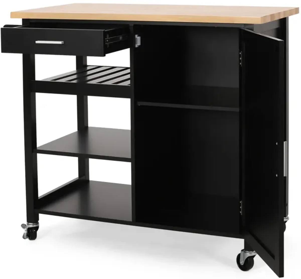 Rolling Kitchen Bar Cart, 3 Shelves, Cabinet, 42 Inch Black and Brown - Benzara