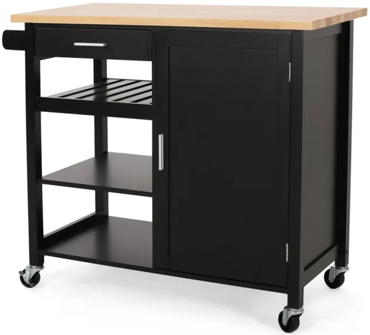 Rolling Kitchen Bar Cart, 3 Shelves, Cabinet, 42 Inch Black and Brown - Benzara