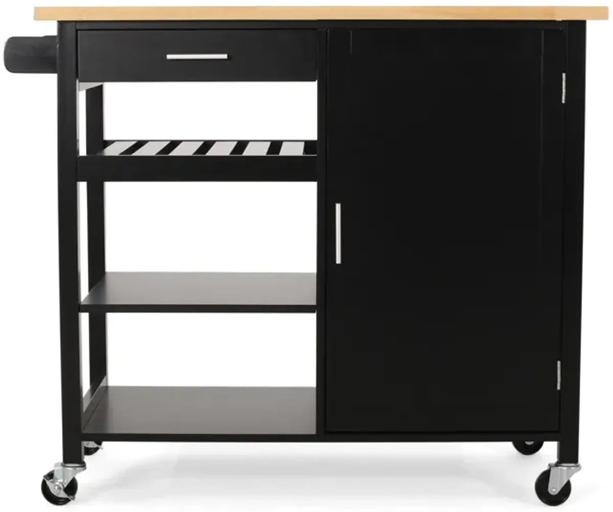 Rolling Kitchen Bar Cart, 3 Shelves, Cabinet, 42 Inch Black and Brown - Benzara