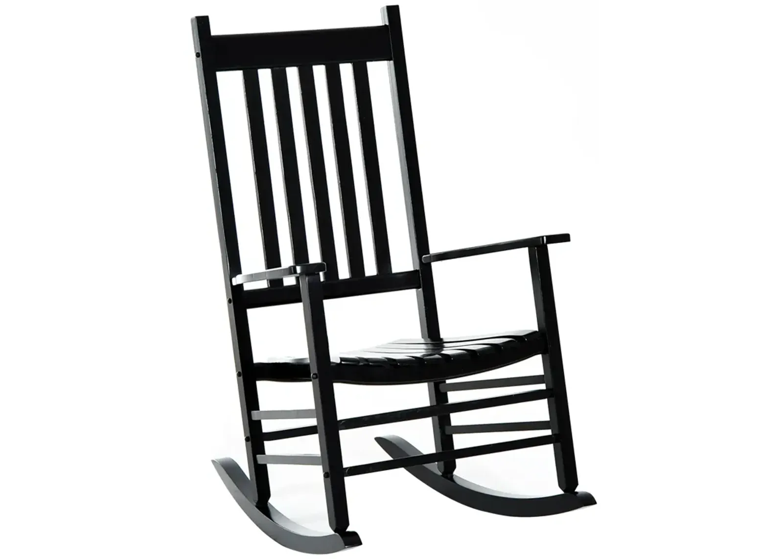 Classic Porch Seating: Black Wooden Slatted Rocking Chairs with Armrests