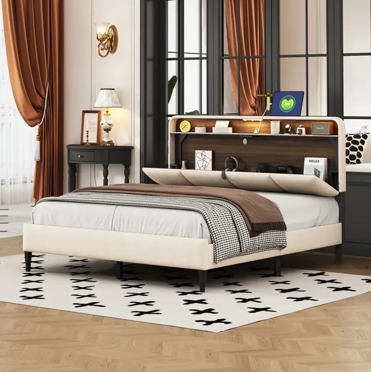 Merax Upholstered Platform Bed with Storage Headboard