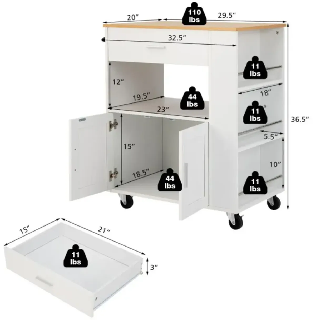 Hivvago Rolling Kitchen Trolley with 3 Spice Racks Drawer and Open Shelf-White