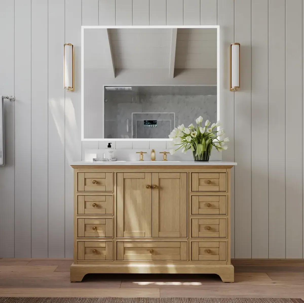 Audrey 48 in. Bath Vanity Set in Oak finish with white quartz Vanity Top and White Undermount Basin