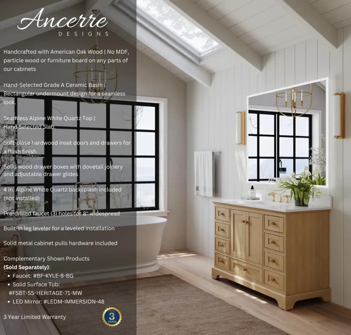 Audrey 48 in. Bath Vanity Set in Oak finish with white quartz Vanity Top and White Undermount Basin