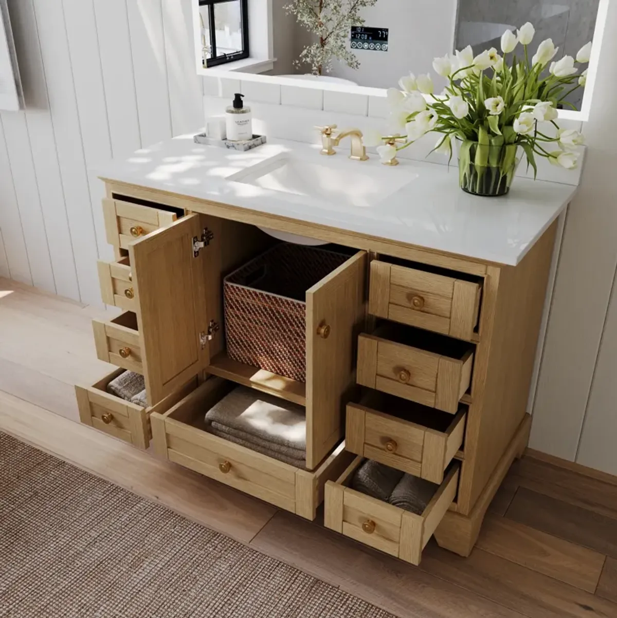 Audrey 48 in. Bath Vanity Set in Oak finish with white quartz Vanity Top and White Undermount Basin