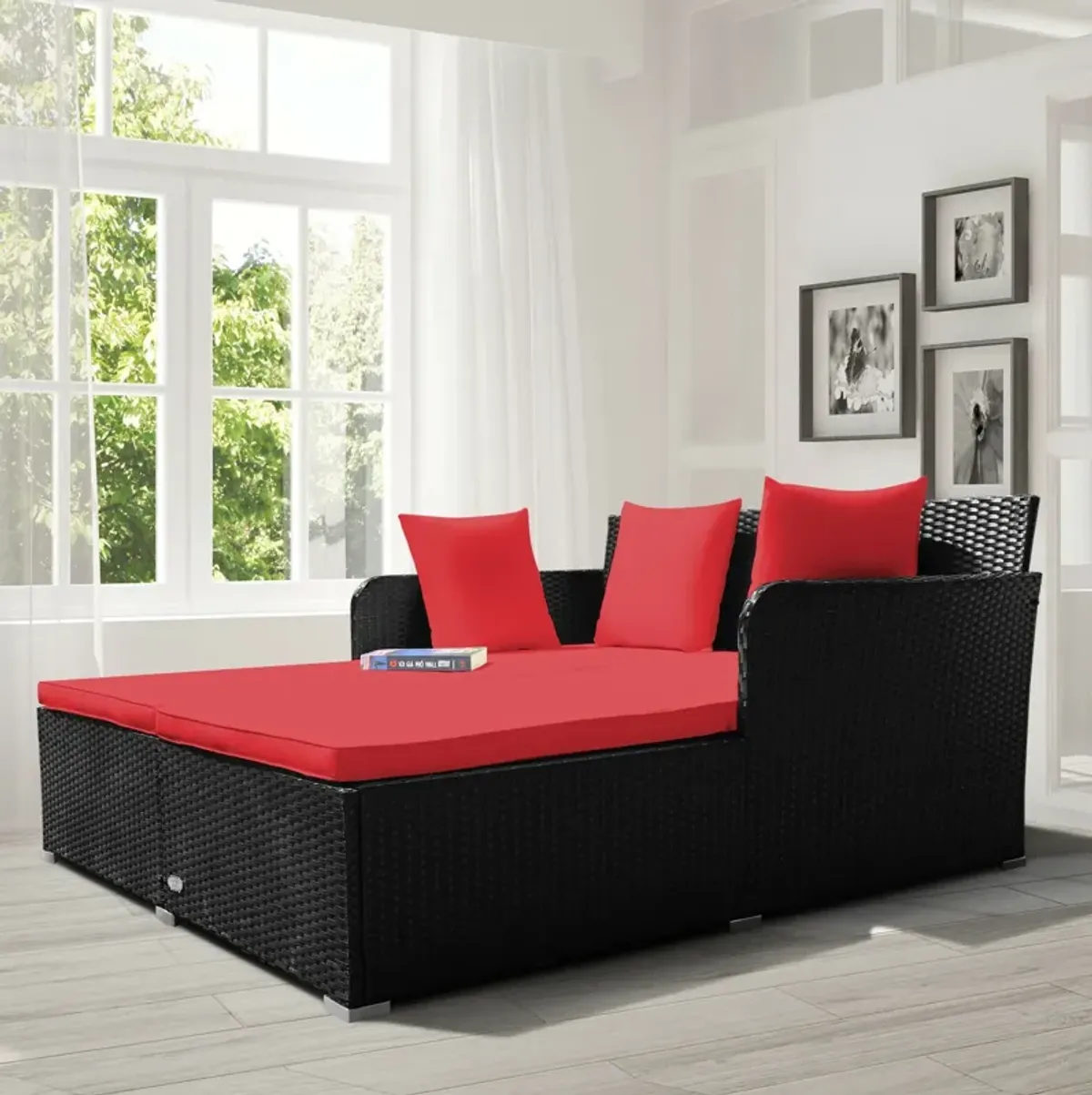 Spacious Outdoor Rattan Daybed with Upholstered Cushions and Pillows