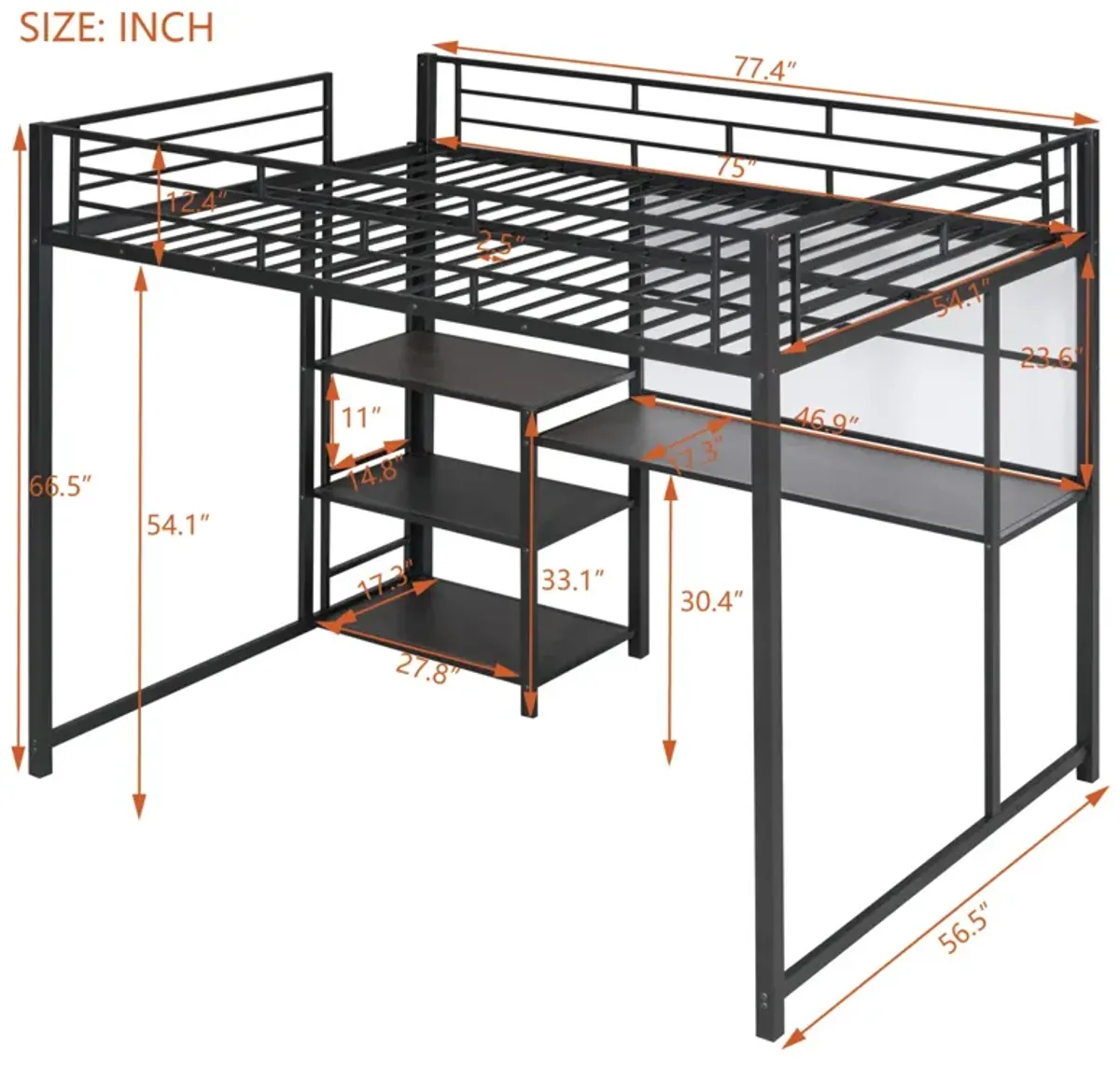 Full Size Loft Bed With Desk And Board, Metal Loft Bed With 3 Shelves And Ladder