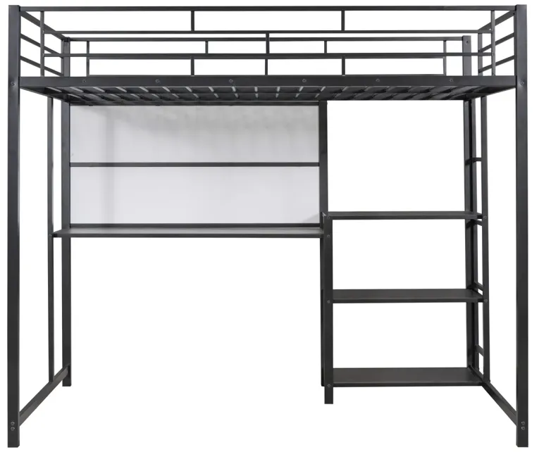 Full Size Loft Bed With Desk And Board, Metal Loft Bed With 3 Shelves And Ladder