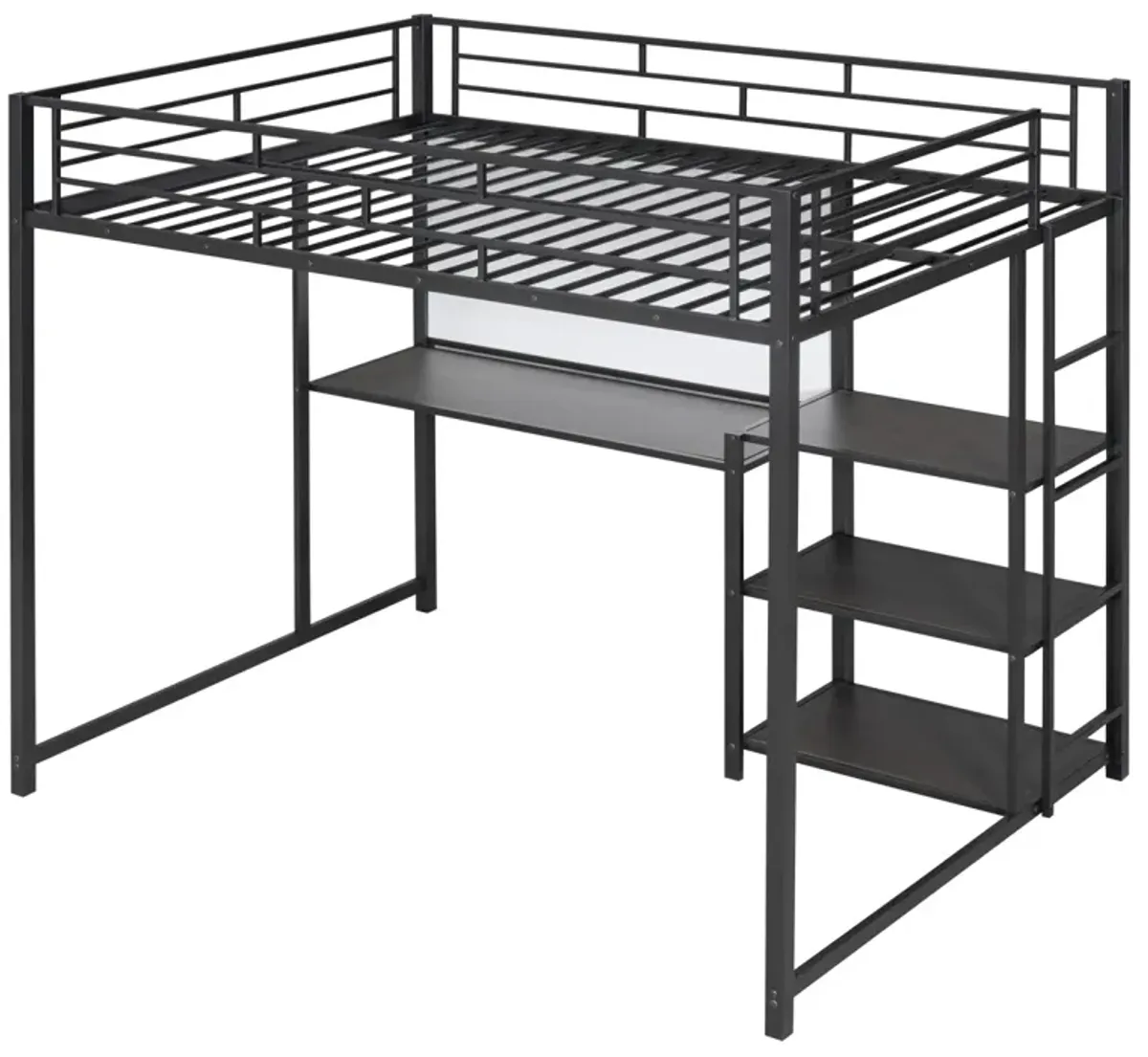 Full Size Loft Bed With Desk And Board, Metal Loft Bed With 3 Shelves And Ladder