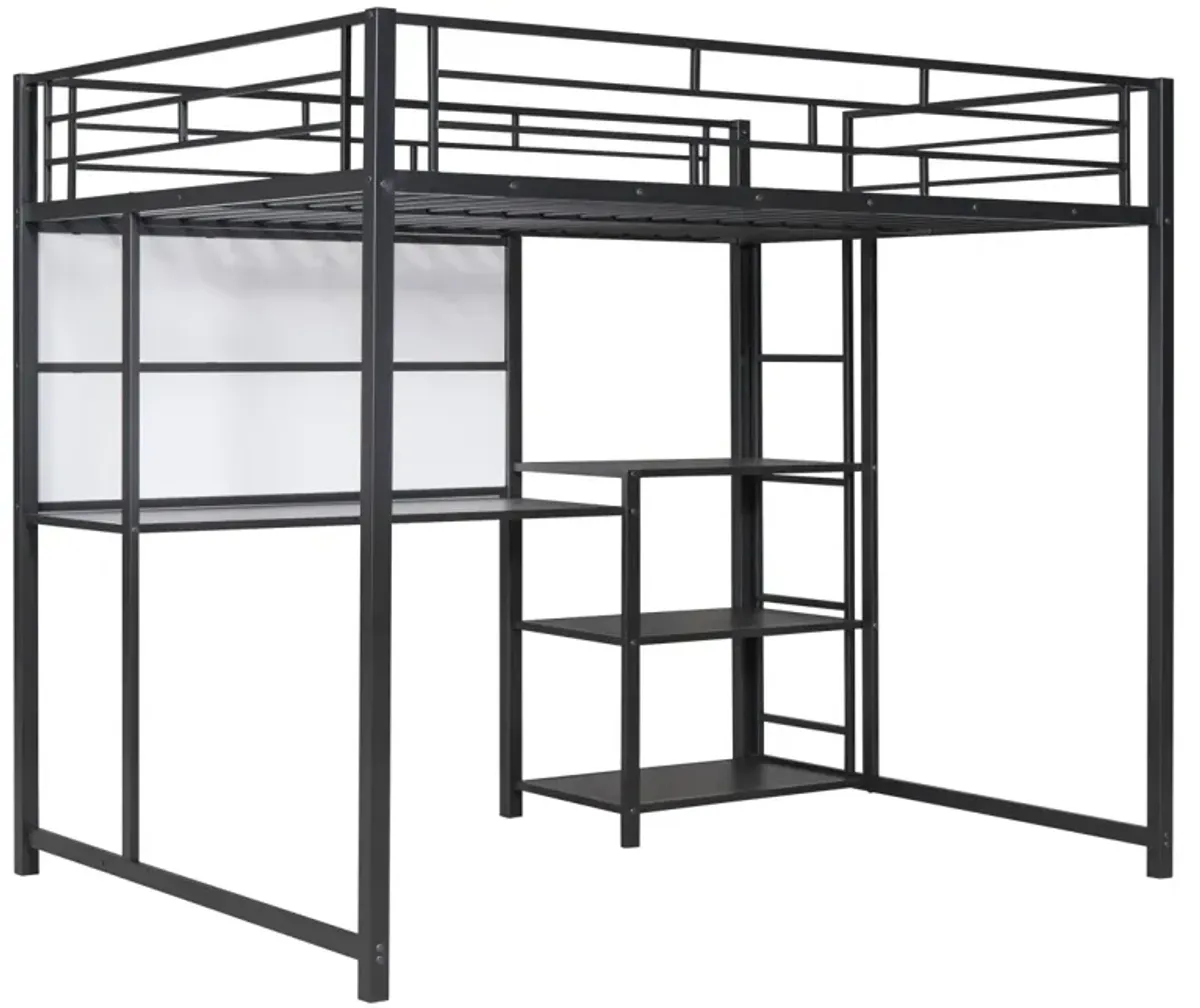 Full Size Loft Bed With Desk And Board, Metal Loft Bed With 3 Shelves And Ladder