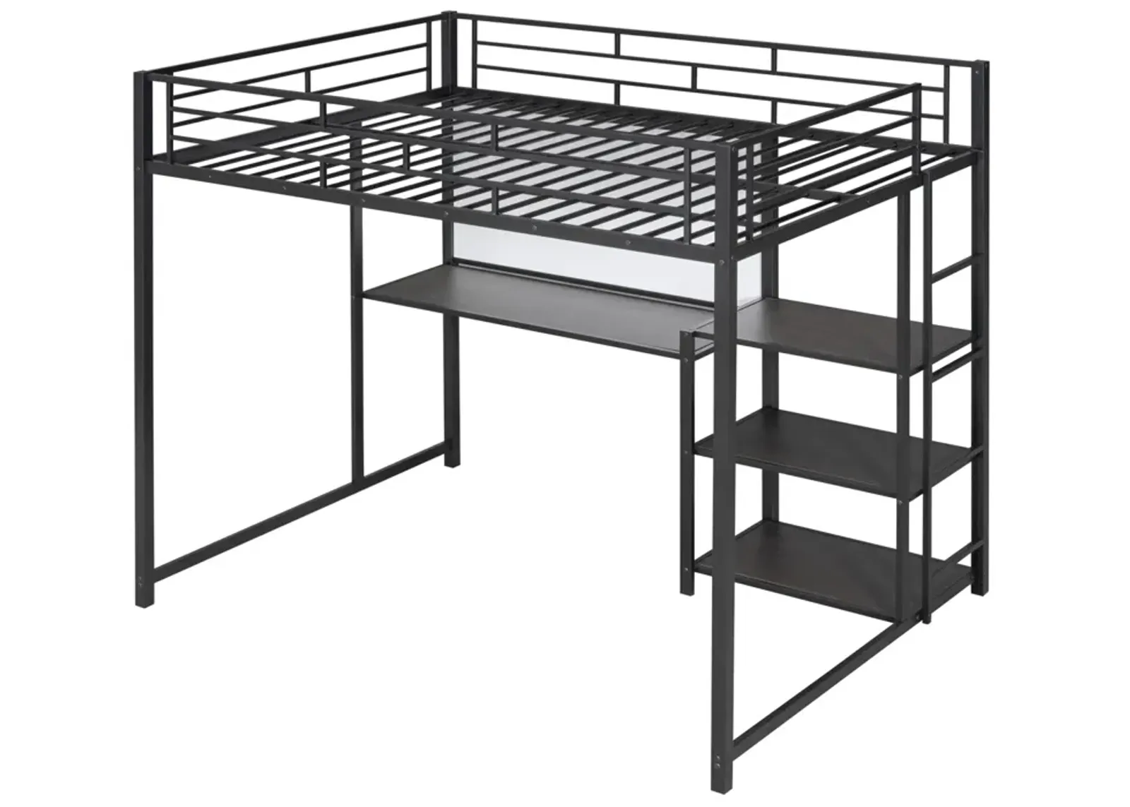 Full Size Loft Bed With Desk And Board, Metal Loft Bed With 3 Shelves And Ladder