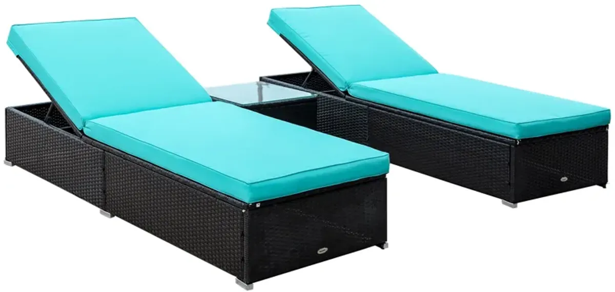 Turquoise Poolside Duo: 2PC Rattan Lounge Chair Set with Table