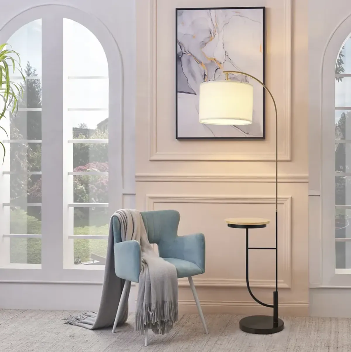 Teamson Home - Danna Arc Floor Lamp with USB Port, Wood Table, Marble Base and White Shade