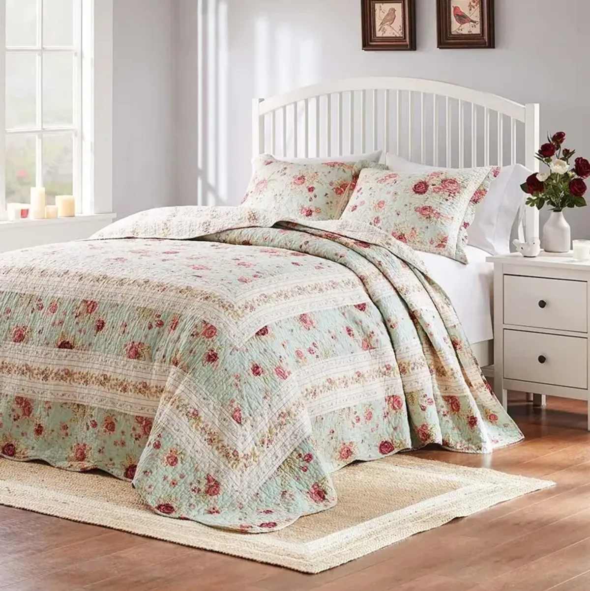 Greenland Home Antique Rose Bright Florals and Whimsical Songbirds Bedspread Set 3-Piece