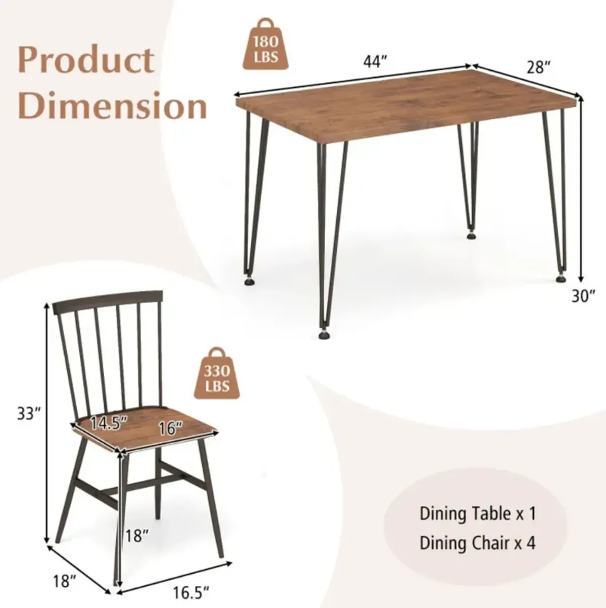 5-Piece Dining Table Set for 4 with 360° Swivel Feet for Small Place