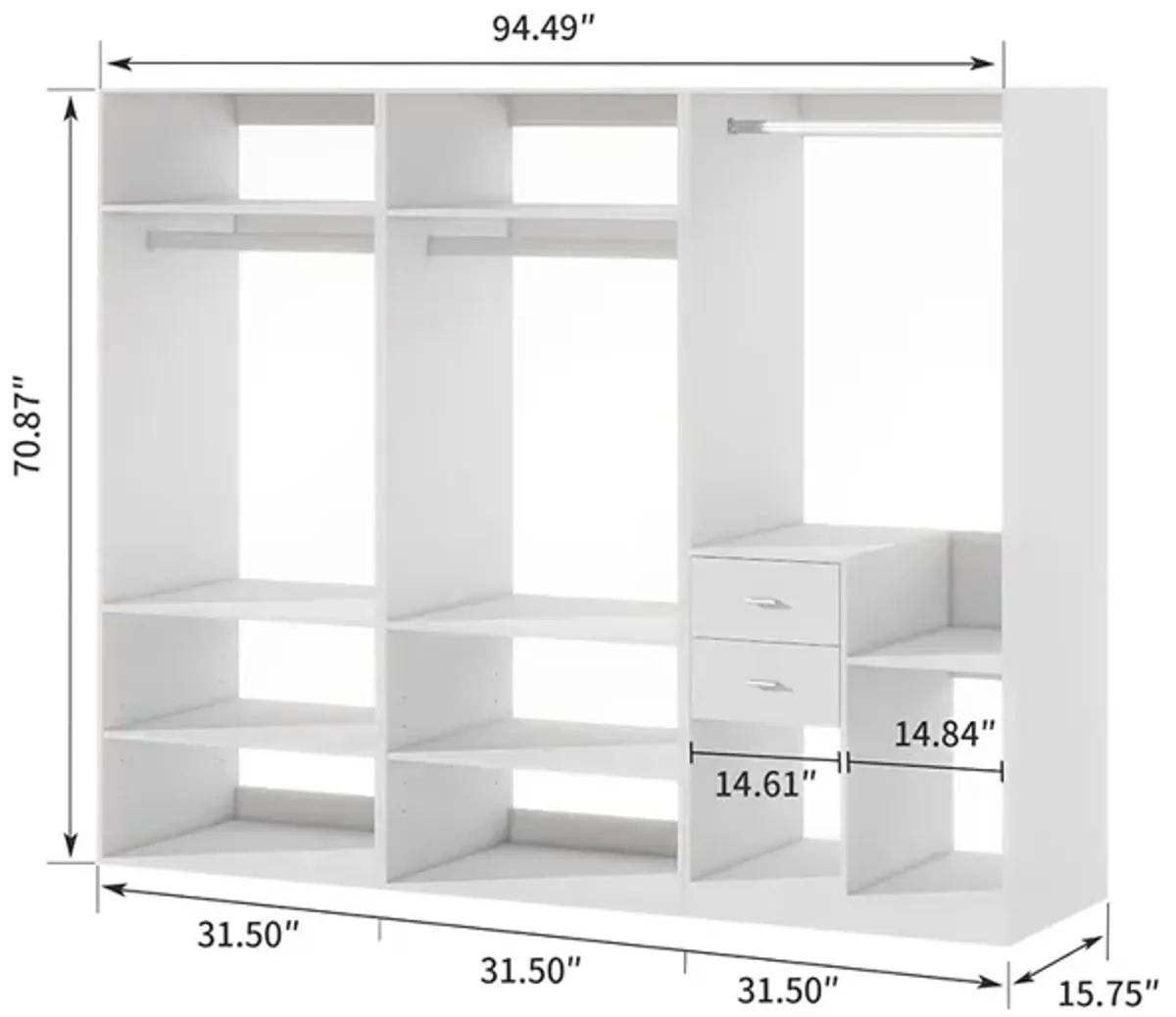 Closet Organizer System with 2 Drawers, ClosetSystem with 3 Hanging Rails